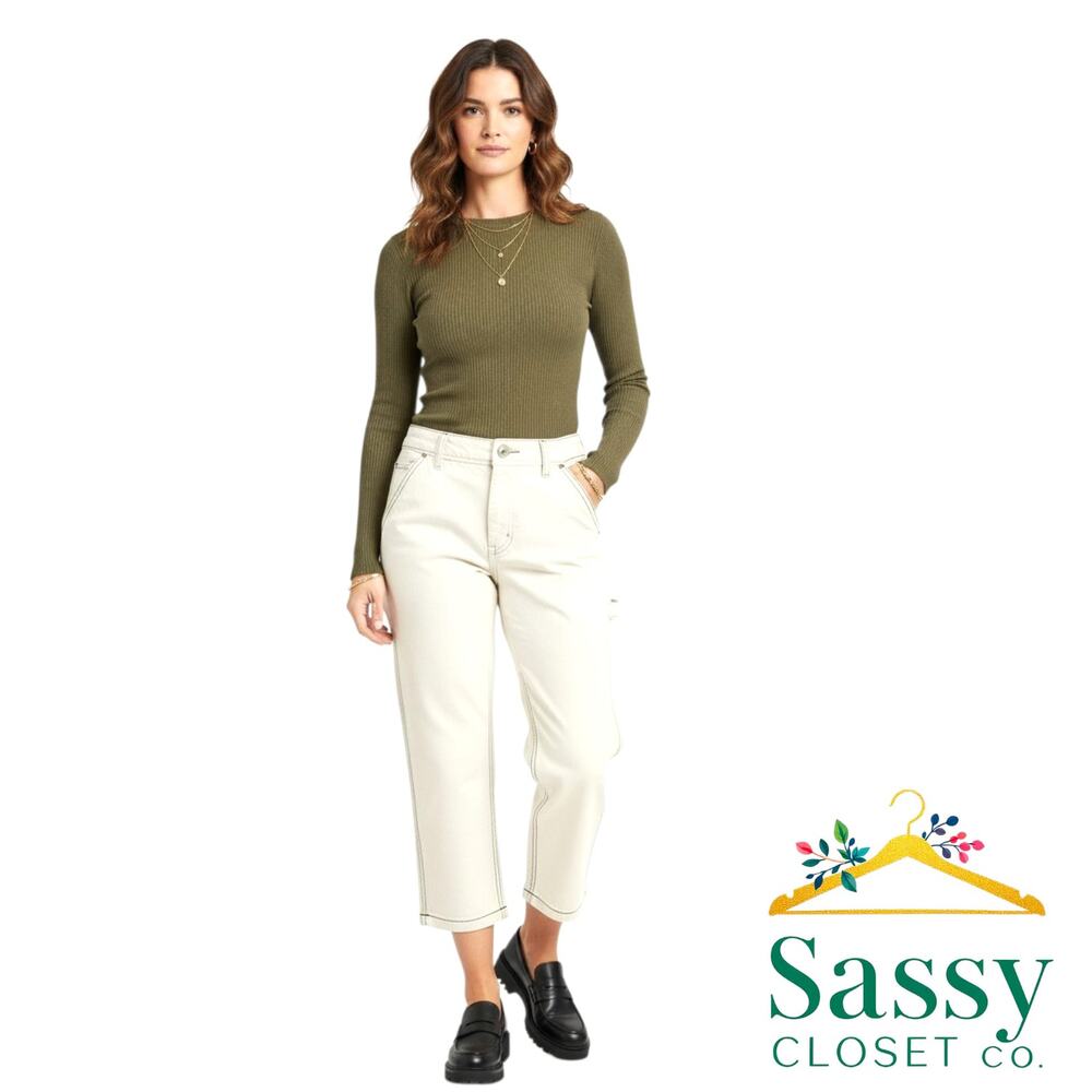 TOMMY HILFIGER Ivory Crop Pants 8 Green Stitch Carpenter Utility Y2K Cotton